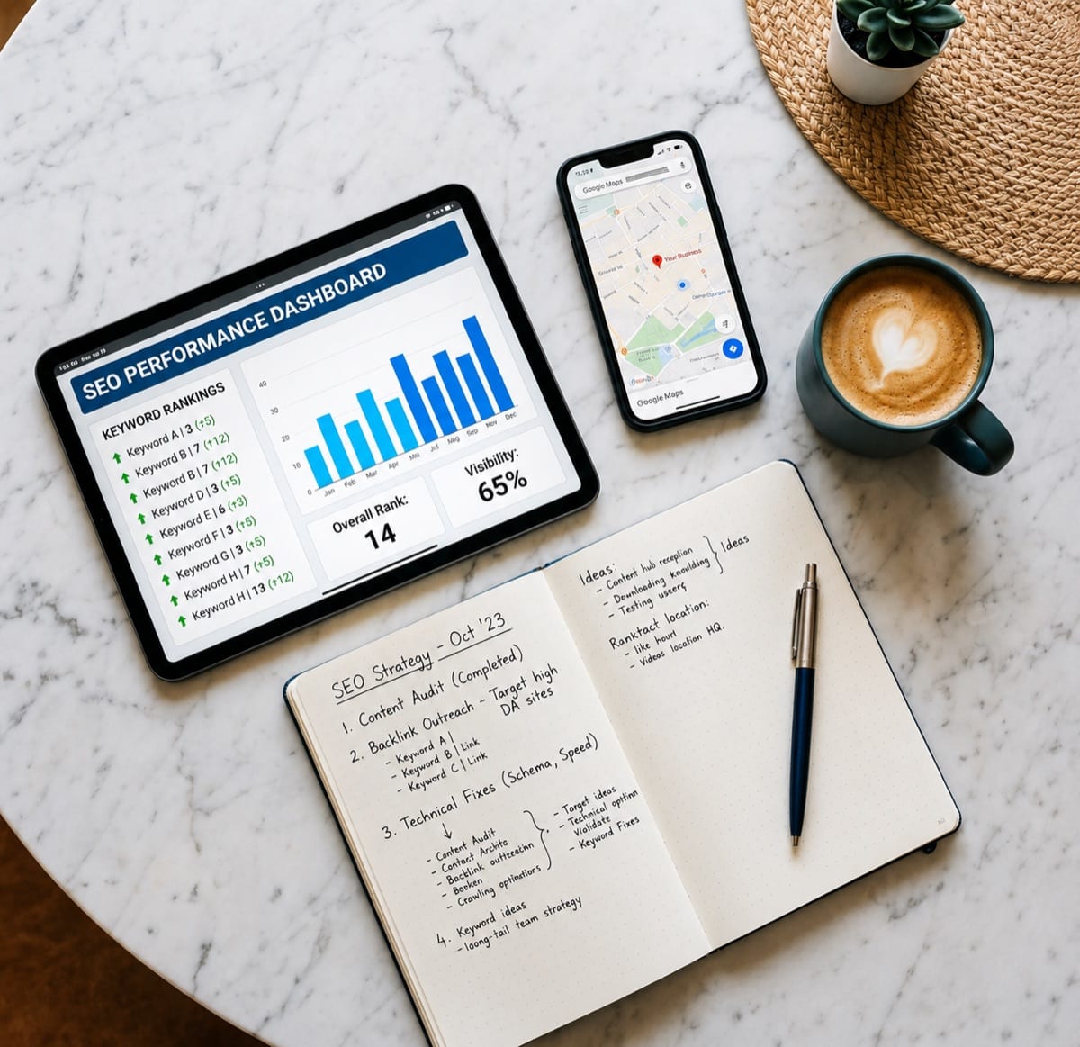 TurnOnDigital workspace — SEO performance dashboard, Google Maps and strategy notebook on a marble desk